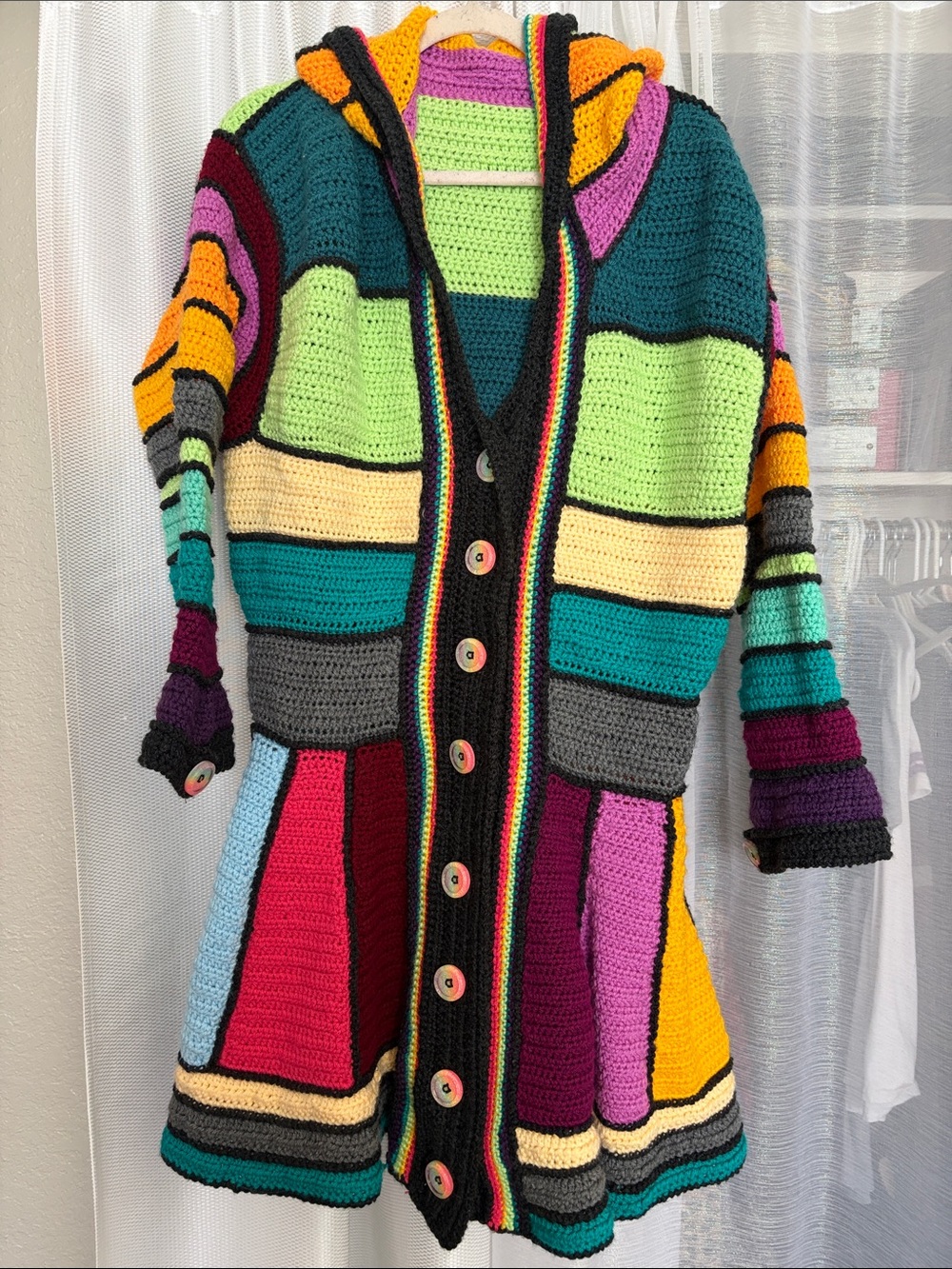 Handmade Multicolor Hooded Crochet Cardigan Sweater
